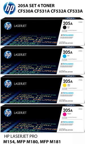 HP 205A SET 4 TONER CF530A CF531A CF532A CF533A  K 1100 pagine C M Y 900 pagine  stampanti e multifunzione: HP Color LaserJet Pro M180n M180nw M181fw M154a M154nw