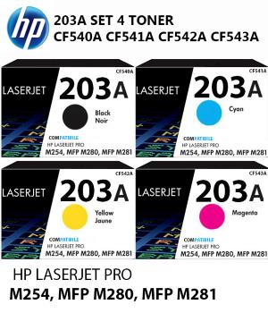 HP 203A SET 4 TONER CF540A CF541A CF542A CF543A  K 1500 pagine C M Y 1400 pagine compatibili stampanti e multifunzione: HP Color LaserJet Pro MFP M280nw M281fdn fdw M254dw  M254nw